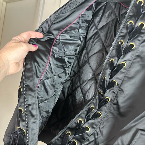 Lane Bryant Black Satin Bomber Jacket W/Velvet Lace Up Front Detail Size 18/20 - Picture 4 of 15